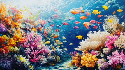 Poster - A vibrant coral reef teeming with colorful fish contrasted with a bleached, lifeless reef under clear ocean water