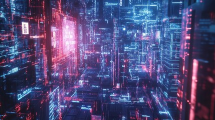 Poster - interconnected buildings and vibrant neon lights create a futuristic cityscape, illuminating a cyber
