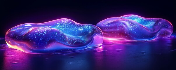 Wall Mural - iridescent liquid blobs in a futuristic , shaped and melted into unusual forms, reflecting glowing h