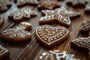 Decorative gingerbread cookies displayed on a rustic wooden table