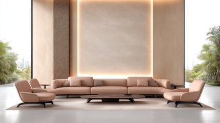 Wall Mural - Modern Living Room with Pink Sofa and Chairs against Decorative Stone Wall