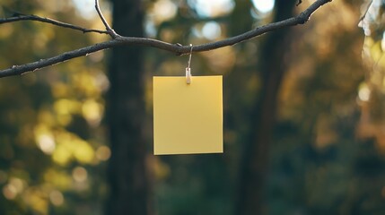 Sticker - Yellow Adhesive Note Hanging on a Bare Tree Branch Surrounded by Soft Green Forest Background in Natural Light Setting