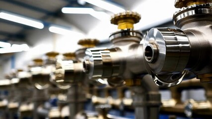 Poster - polished metal valves with brass fittings rotate slightly, showcasing precision engineering within a