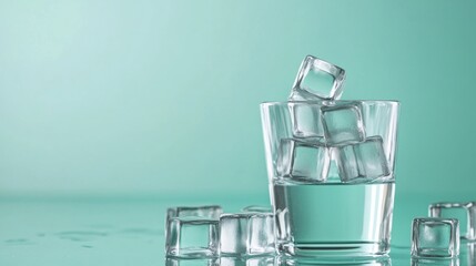 Wall Mural - Modern steel cooling cubes for cocktail drinks in clear glass with water on mint green reflective background showcasing luxury and refreshment.