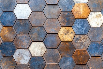 Wall Mural - Vintage Patchwork Tile Wall Texture - Brown, Gray, Blue Motif with Damask, Geometric and Hexagonal Prints