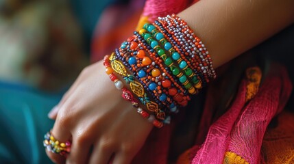 Poster - Hand adorned with vibrant handmade bracelets in various colors including orange, green, blue, and red against a colorful textile background
