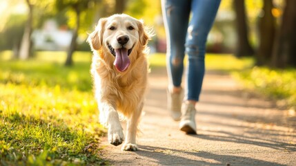 Golden retriever joyfully walking alongside a person in casual denim attire on a sunlit park pathway surrounded by vibrant green grass and trees.