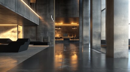 Poster - Modern Interior Design of a Business Office Lobby with Gray Concrete Walls and Ambient Lighting in a Contemporary Urban Setting