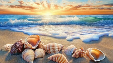 Poster - vibrant sunset over calm ocean waves with seashells on a sandy beach shoreline and golden tints in t