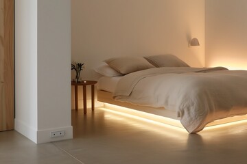 Wall Mural - Serene bedroom with a muted color palette, soft linen bedding, and a minimalist bed frame with integrated lighting.