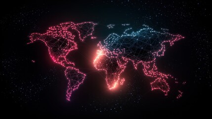 Poster - Global Network Illustration of a world map covered in bright digital lines and nodes, representing the interconnected nature of global communication and networks.