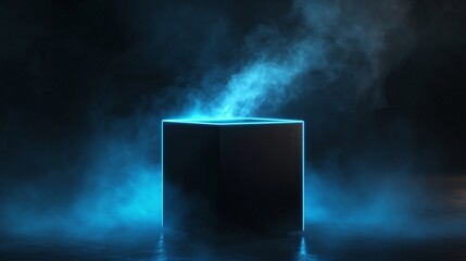 Poster - Black cube is glowing with blue neon light in a dark smoky atmosphere