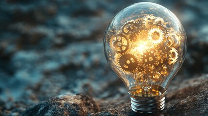 Poster - Shining light bulb filled with golden gears, showcasing the idea of creativity