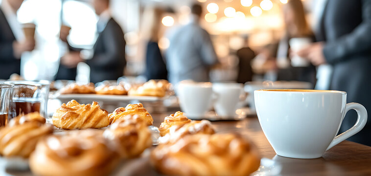 a networking coffee break at a corporate event, participants mingling with blurred focus on elegant 