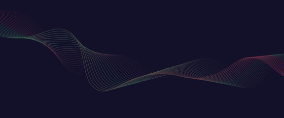 Wall Mural - dark abstract background featuring glowing, flowing wave lines in a modern purple-to-blue gradient. 