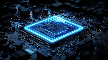 Poster - illuminated microchip on circuit board with abstract electronic components, for technology backgroun