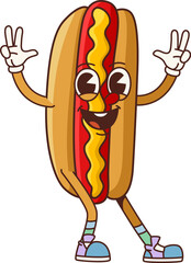 Aufkleber - Groovy fast food hot dog retro cartoon character with happy smile, vector emoji. Groovy hotdog sandwich with sausage and funny face, ketchup and mustard sauce for fast food cartoon menu character