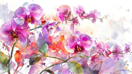 Wall Mural - An artistic watercolor painting of exotic orchids and tropical leaves, painted with intricate details and vibrant tones, creating an elegant floral backdrop against a bright white surface, 8k 