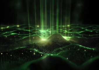 Poster - abstract green light beams on a digital terrain. tech background for science, digital data