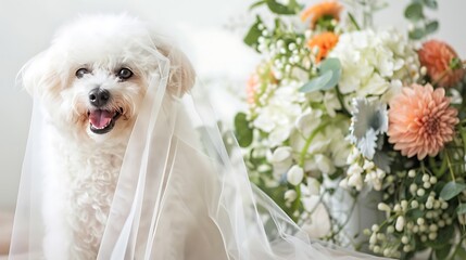 Wall Mural - A fluffy white dog wearing a mini wedding veil, sitting gracefully next to a floral arrangement, symbolizing the inclusion of pets in wedding celebrations, set against a bright white background, 