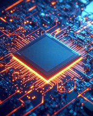 Poster - illuminated chip on circuit board with glowing lines for technology concept background use