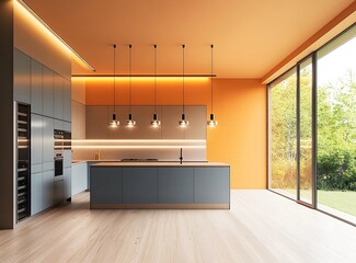 Canvas Print - Modern kitchen design with orange wall and island