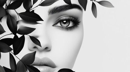 Sticker - Elegant black and white portrait of a woman with healthy skin and natural makeup framed by lush green leaves showcasing beauty and wellness themes.