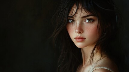 Wall Mural - Elegant studio portrait of a young woman with long dark hair, warm brown skin, and subtle freckles, against a soft black background.