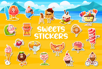 Sticker - Stickers pack of cartoon dessert characters. Jelly pudding, waffle and cake piece, marshmallow, cookie, croissant and ice cream, donut sweet dessert cheerful personages on vacation vector stickers