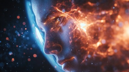 Poster - Young Confident Male Astronaut with Cosmic Energy Surrounding Face in a Dark Blue and Orange Galactic Environment