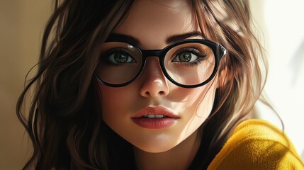 Wall Mural - Young woman with brown hair wearing stylish black glasses, soft natural light illuminating her face, captured in a cozy indoor setting.