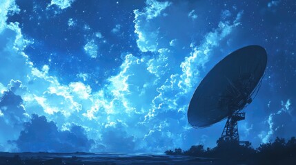 Poster - Luminous blue sky with dramatic clouds and a large parabolic antenna silhouette against the horizon in a serene landscape.