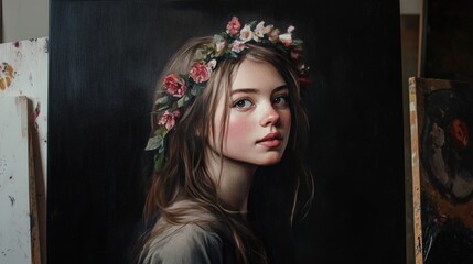 Sticker - Portrait of a young girl with floral garland, soft features, light brown hair, set against a dark black background, artistic and ethereal atmosphere.