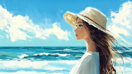 Poster - young woman with long hair wearing a wide-brimmed straw hat gazing thoughtfully at the serene ocean 