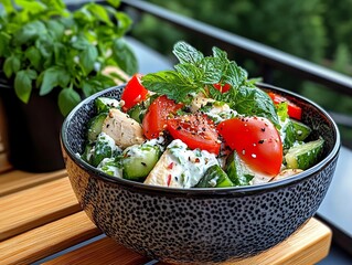 Wall Mural - A bowl of salad on a wooden table on a balcony