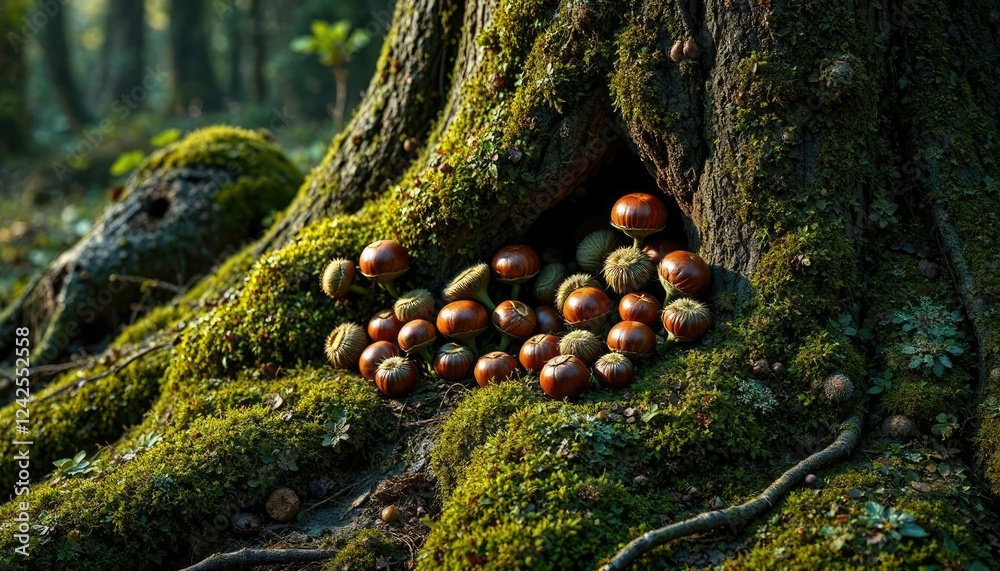 Wild chestnuts growing from a tree trunk amidst moss and lichen ...