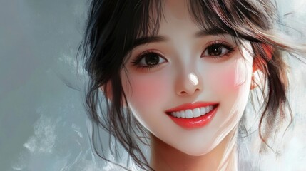 Canvas Print - Young Asian woman with a bright smile and long dark hair against a soft pastel background, exuding warmth and positivity.