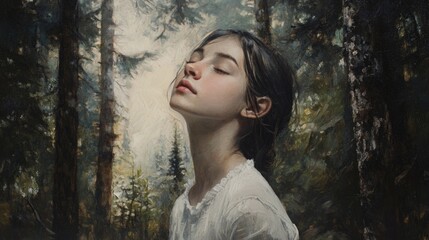Poster - serene portrait of a young girl with closed eyes surrounded by lush green forest trees and soft natu