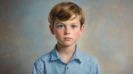 Wall Mural - Portrait of a serious young boy with short blond hair wearing a light blue shirt against a soft pastel background, focused expression, expressing innocence and curiosity.