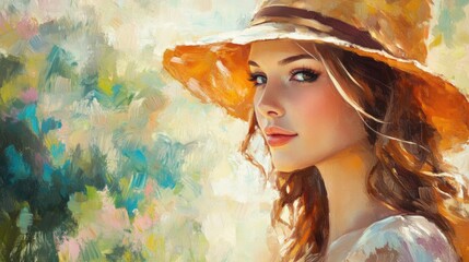 Wall Mural - Portrait of a beautiful young woman with wavy brown hair wearing a straw hat in a sunny park with a blurred green and floral background.