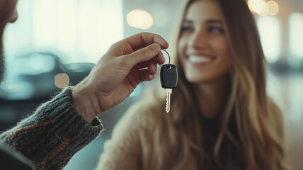 Wall Mural - Salesperson handing over the car keys to a buyer with a smile