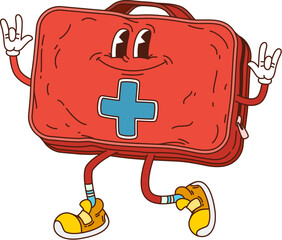Aufkleber - Cartoon first aid kit groovy medicine and health character with playful eyes and retro sneakers, exuding positivity and readiness. Vector red case medical care personage support, and healthy vibe