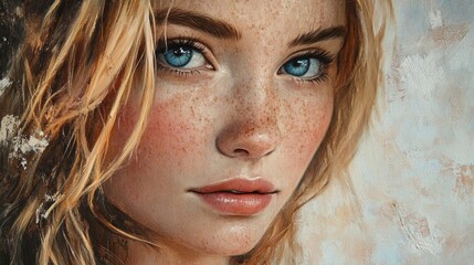 Sticker - Close-up portrait of a young woman with striking blue eyes and freckles, featuring soft blonde hair, against a textured light background.