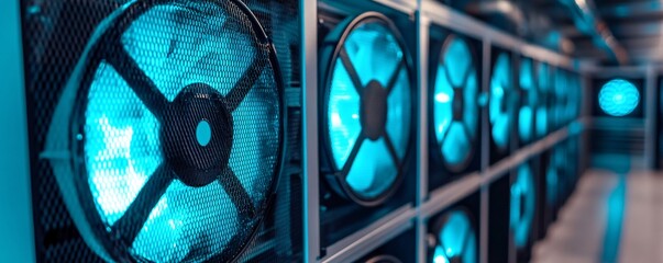 Poster - Using fans to keep cryptocurrency mining rigs cool while generating bitcoin and other digital currencies