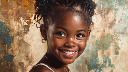 Wall Mural - Smiling young girl with curly hair wearing a white dress against a textured brown and green backdrop showcasing warmth and joy.