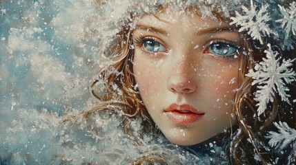 Poster - winter portrait of young girl with snowflakes in hair surrounded by soft blue snowy background and f