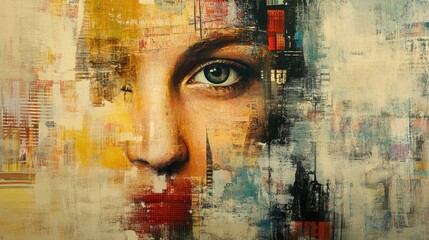 Wall Mural - Conceptual Mixed Media Portrait with Abstract Overlays and Bold Colors, Highlighting Human Face with Intricate Details, Artistic Interpretation