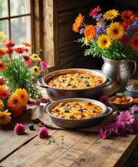 Wall Mural - Warm casserole and colorful flowers on a rustic wooden table, dinner, kitchen