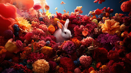 White Rabbit in a Field of Flowers