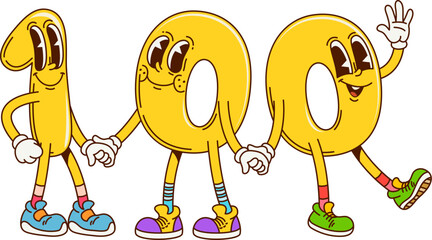 Poster - Groovy one hundred math number characters. Mathematics numeric symbol retro groovy mascot. Kids education number 60s 70s cartoon isolated vector cheerful character or school math digit cute personage